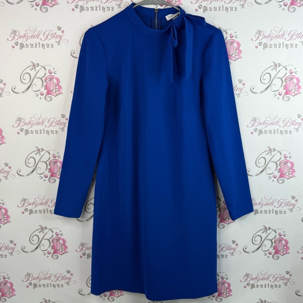 Calvin Klein dress bow ribbon neck detail gold zip Royal Blue Long Sleeve Dress